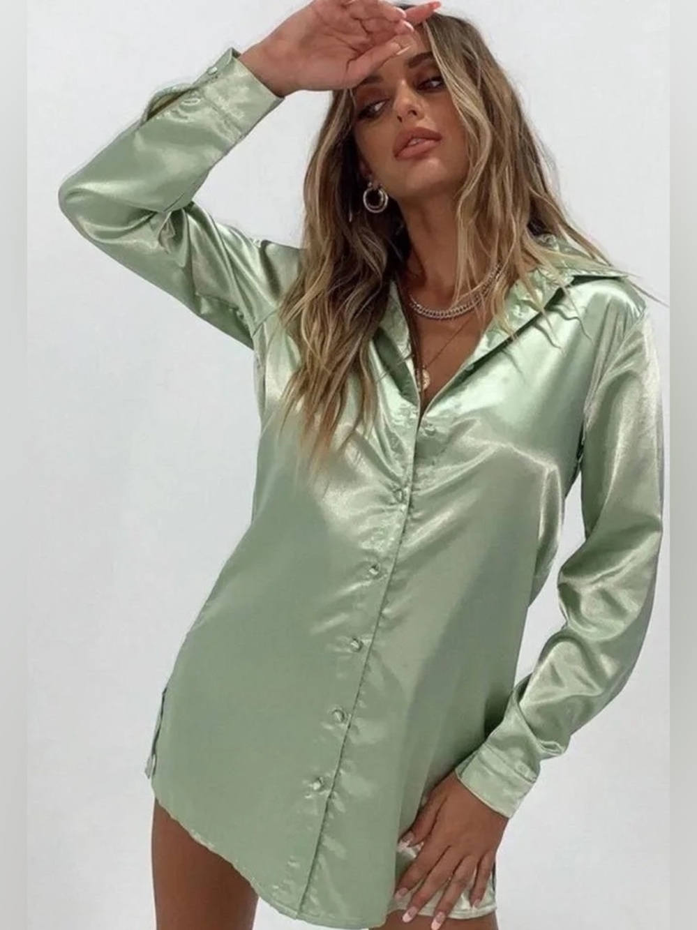 Princess Polly 90210 Satin Button-Down Shirt Dress - Sage